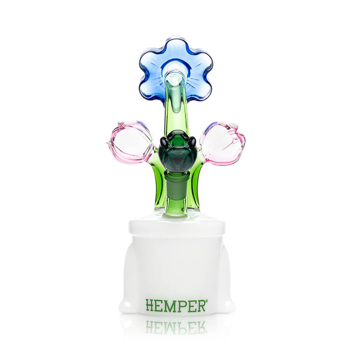 Rear view of Hemper Bloom XL glass bong showing bowl joint area, green stem, and HEMPER logo on the white base