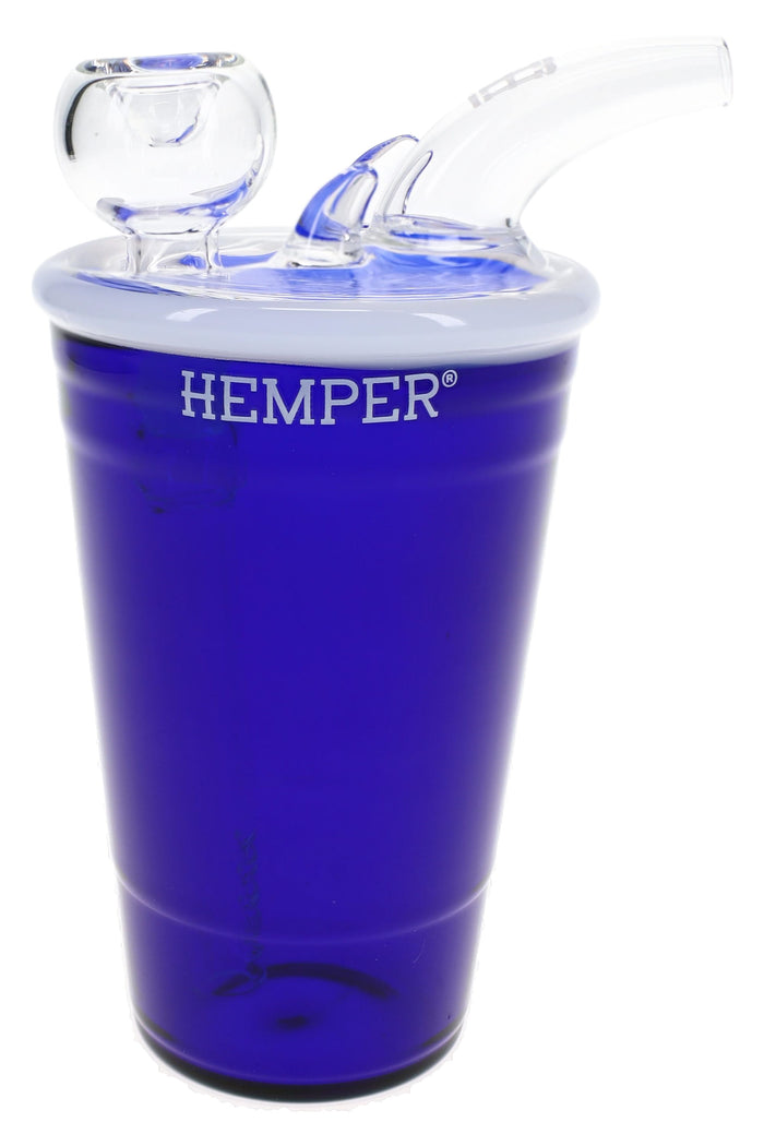 Hemper blue beer pong cup glass bong with white rim, clear splash-guard mouthpiece, and bowl on the recessed joint