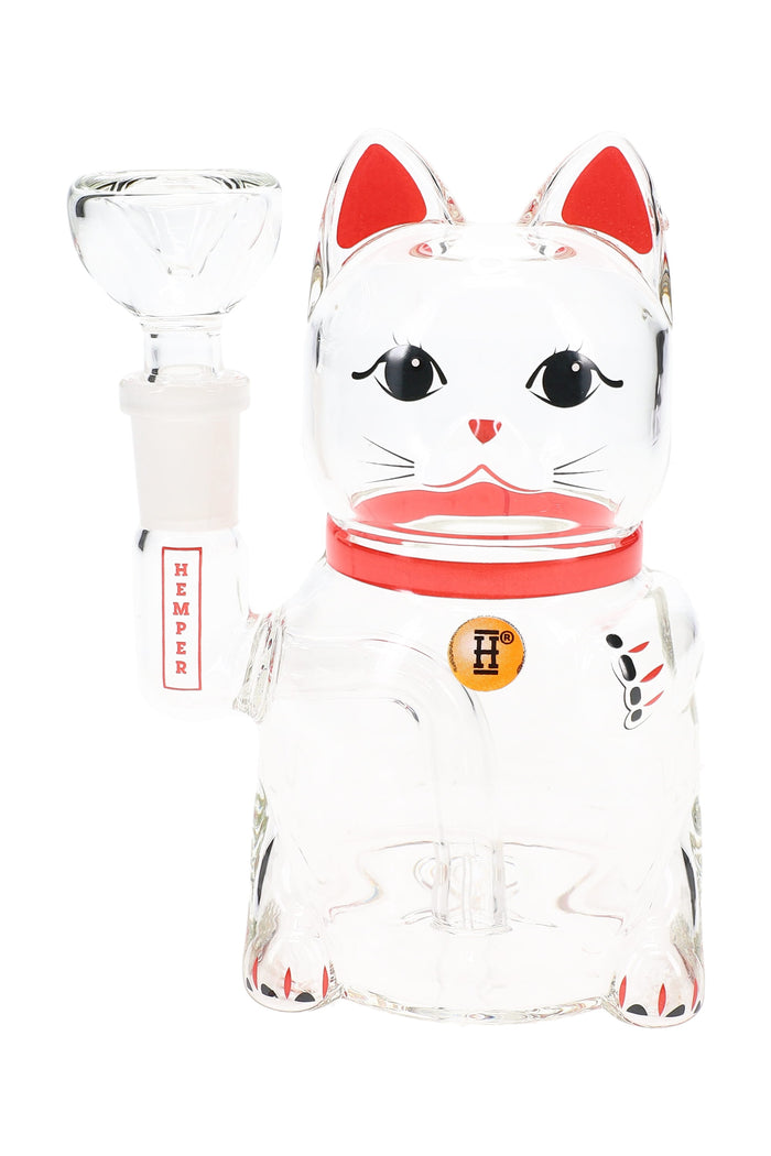 Clear 5-inch Hemper Lucky Money Cat glass bong with red collar, raised paw joint and 14.5 mm bowl, front view on white background.