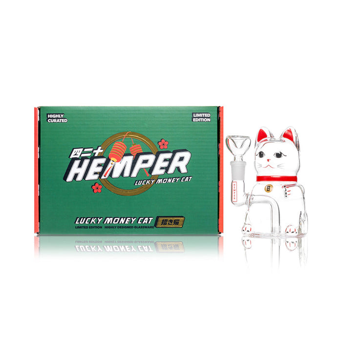Front hero shot of Hemper 5-inch Lucky Money Cat mini glass bong standing next to retail box with lantern artwork and logo.