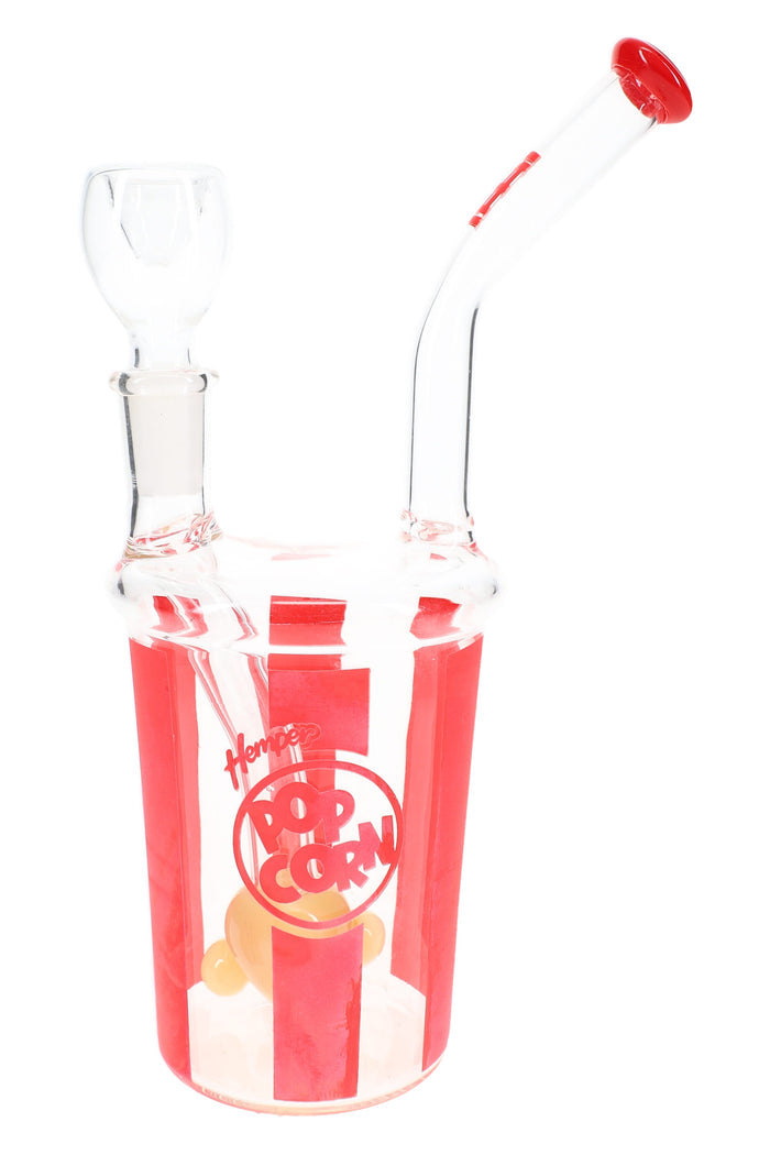 Clear 6″ Hemper popcorn glass bong with inline perc and red-and-white bucket styling, stemless 14.5 mm joint