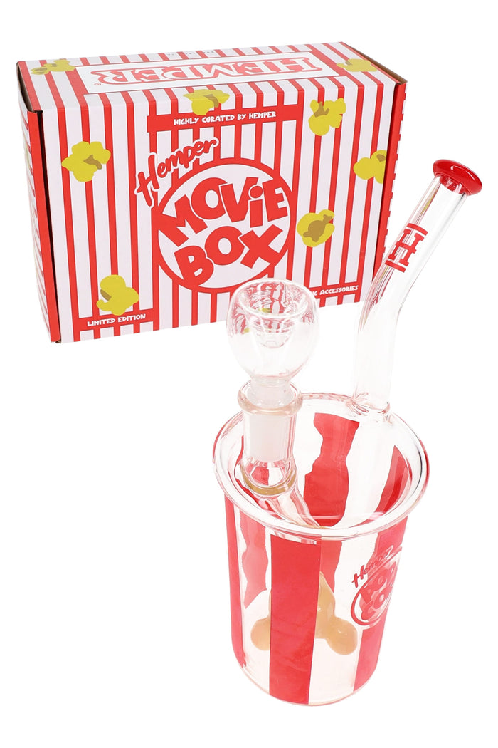 Hemper Popcorn Box packaging with 6″ popcorn-themed glass bong and matching 14.5 mm bowl, compact gift-ready set