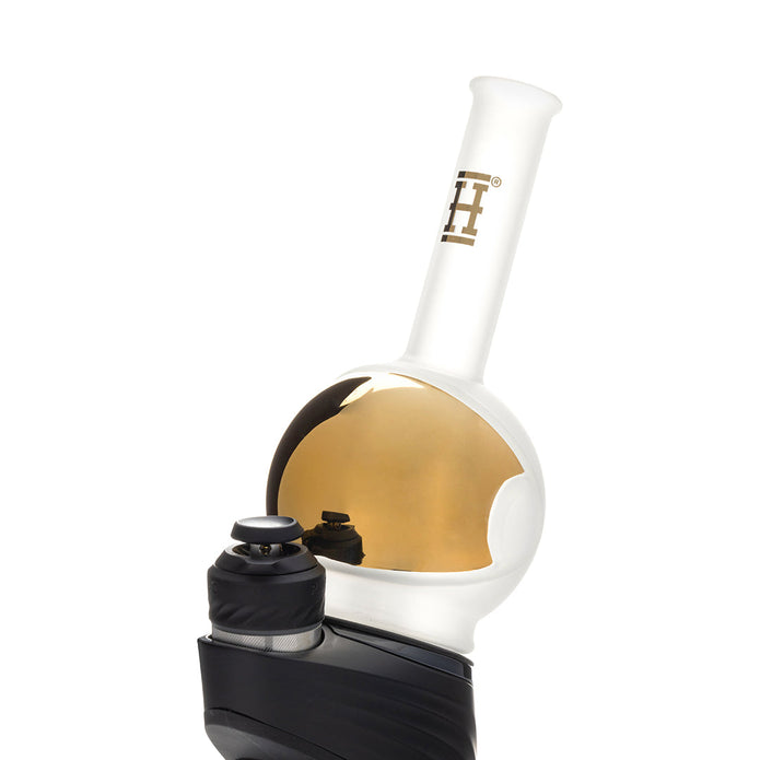 Side profile Space Fleet Peak top installed on device base, frosted helmet glass and gold visor catching the light