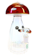 Front view of Hemper 9.5″ Trippy Shroom XL glass bong with red iridescent mushroom cap and smiling face on clear scalloped body.