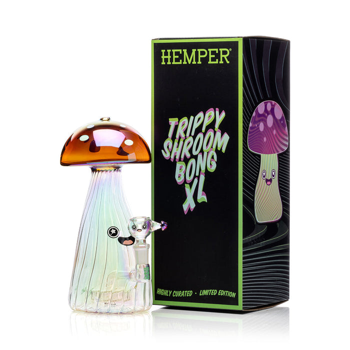Side profile of Hemper Trippy Shroom XL mushroom glass bong highlighting tall scalloped chamber and fixed 14 mm joint.