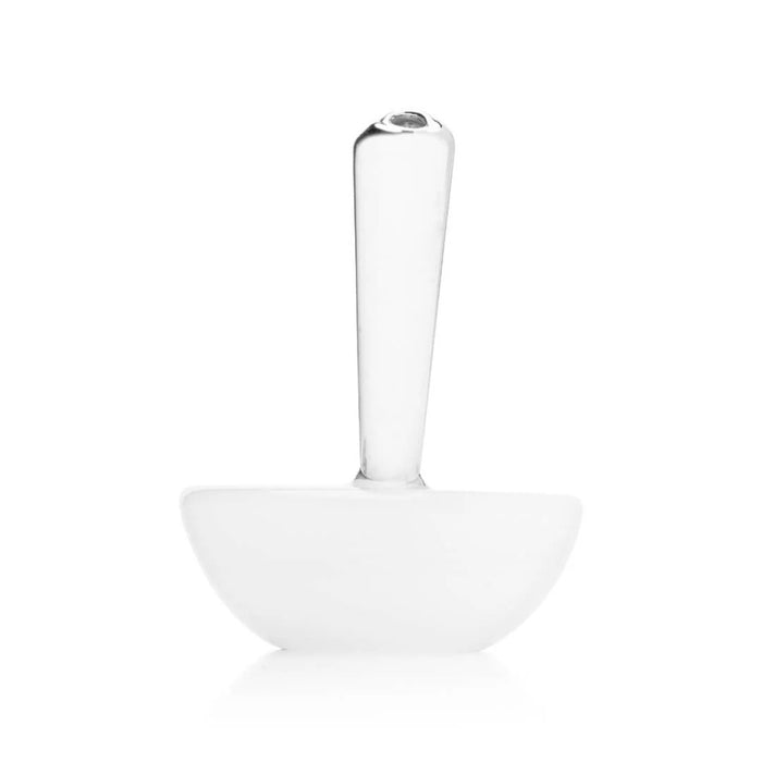 Rear view of white cereal bowl hand pipe with clear upright mouthpiece and smooth body
