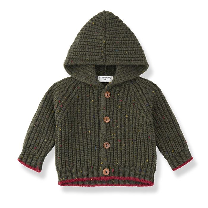 jacket chunky knit speckled button up with hood - khaki