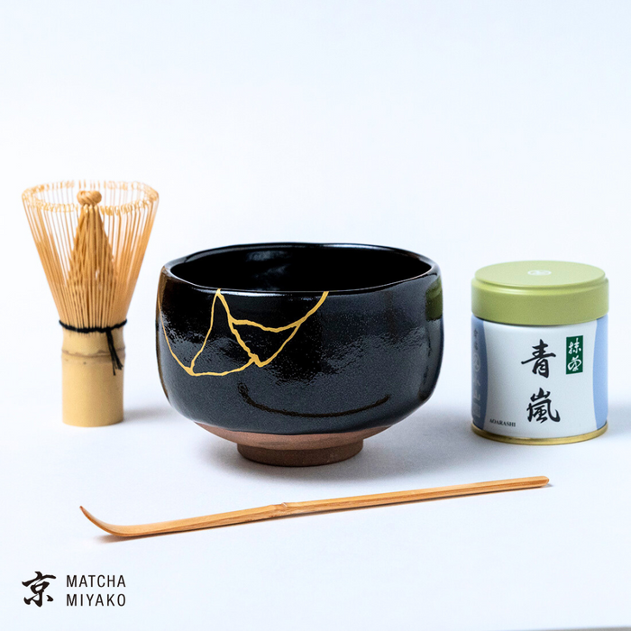 Japanese Matcha Tea Set - Tenmoku kintsugi (black)