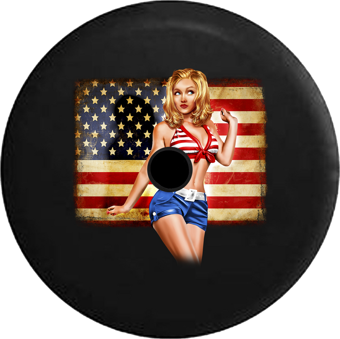 Jeep Wrangler JL Backup Camera Day American Flag Pinup Girl Bikini Model RV Camper Spare Tire Cover-35 inch