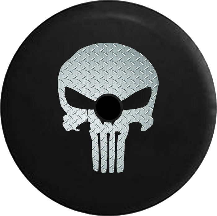 Jeep Wrangler JL Backup Camera Day Brushed Steel Diamond Plate American Patriot Punisher Skull RV Camper Spare Tire Cover-35 inch