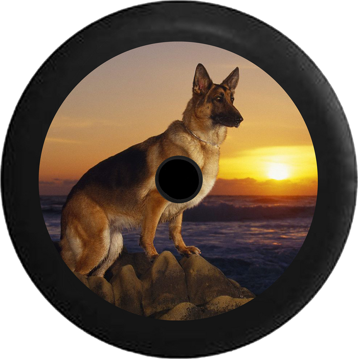Jeep Wrangler JL Backup Camera German Sheppard Dog pearched on Rocks Sunset Jeep Camper Spare Tire Cover 35 inch R141