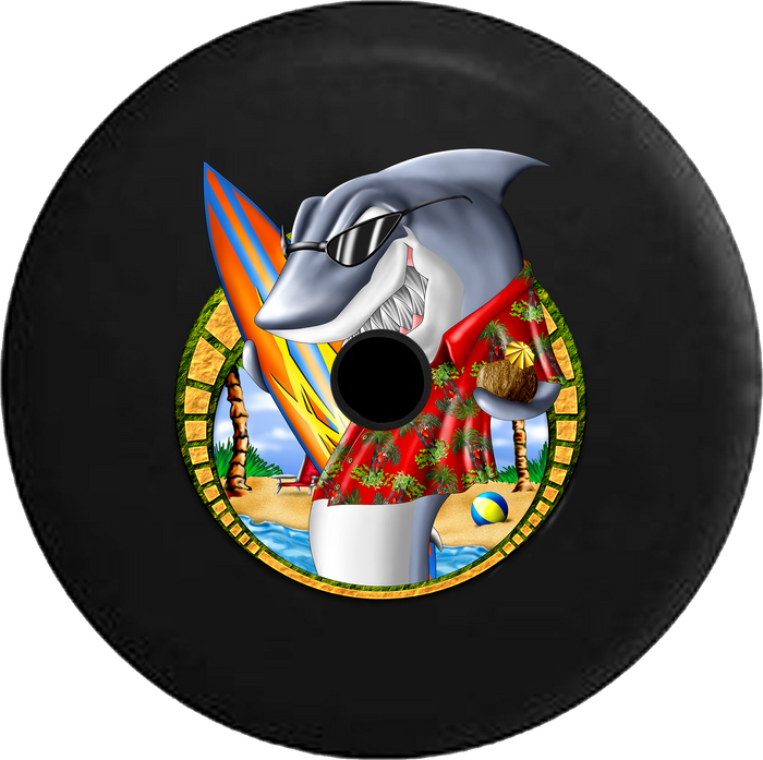 Jeep Wrangler JL Backup Camera Day Great White Shark Surfing on Vacation at the Island Beach RV Camper Spare Tire Cover-35 inch