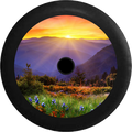 Jeep Wrangler JL Backup Camera Sunrise Sunset behind Mountain Range field of Flowers Jeep Camper Spare Tire Cover 35 inch R113