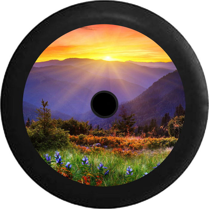 Jeep Wrangler JL Backup Camera Sunrise Sunset behind Mountain Range field of Flowers Jeep Camper Spare Tire Cover 35 inch R113