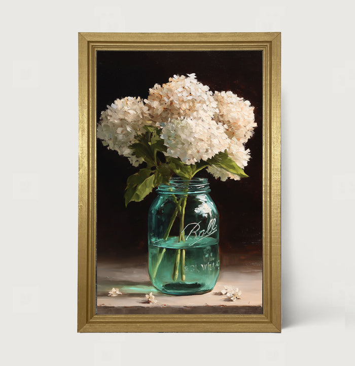Mason Jar with White Hydrangeas