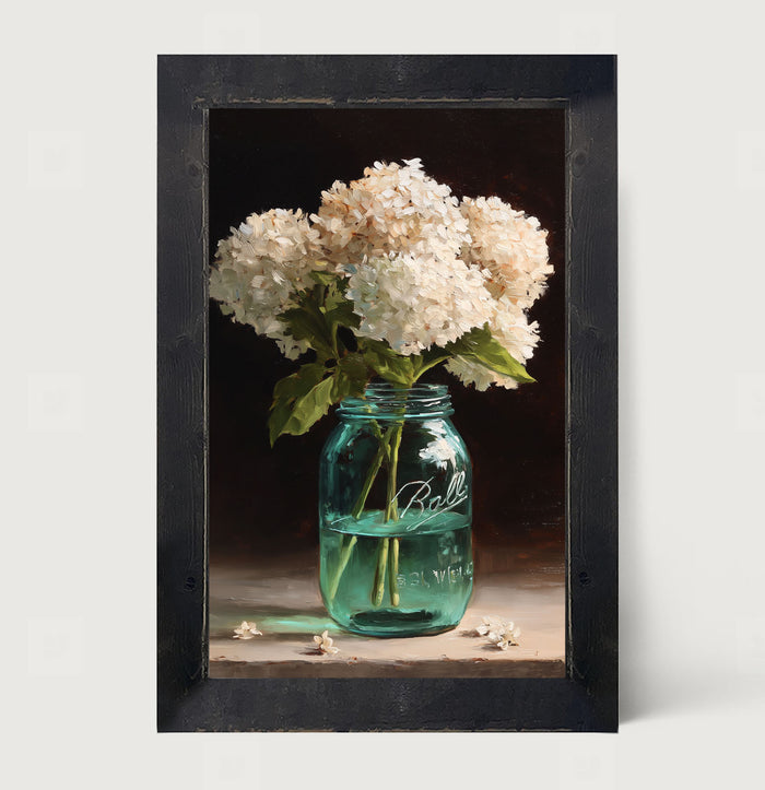 Mason Jar with White Hydrangeas