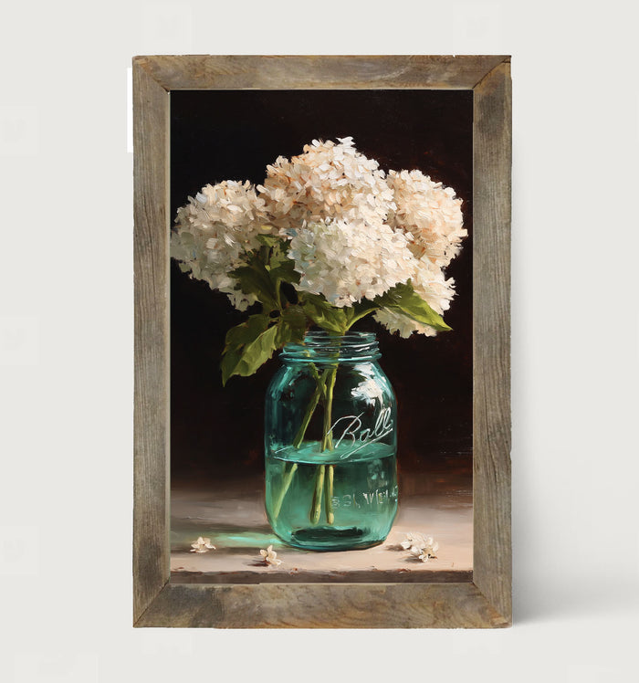 Mason Jar with White Hydrangeas