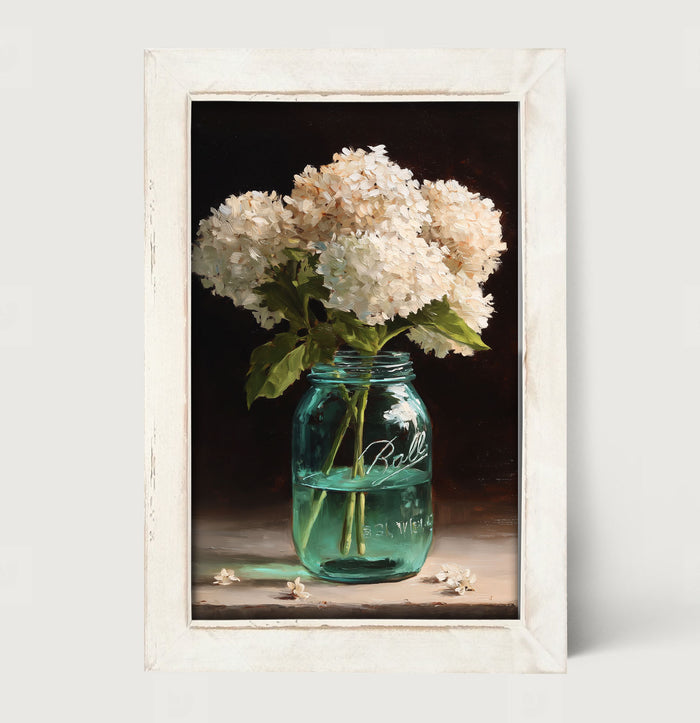 Mason Jar with White Hydrangeas