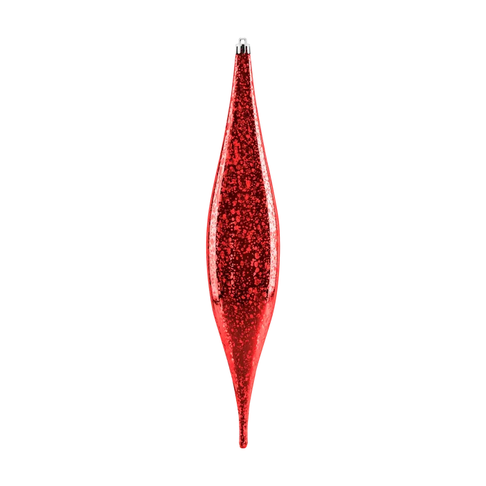 Red Mercury Oval Drop Ornament featuring an elongated teardrop shape, mottled mercury finish, pointed ends, and a silver hanging cap.