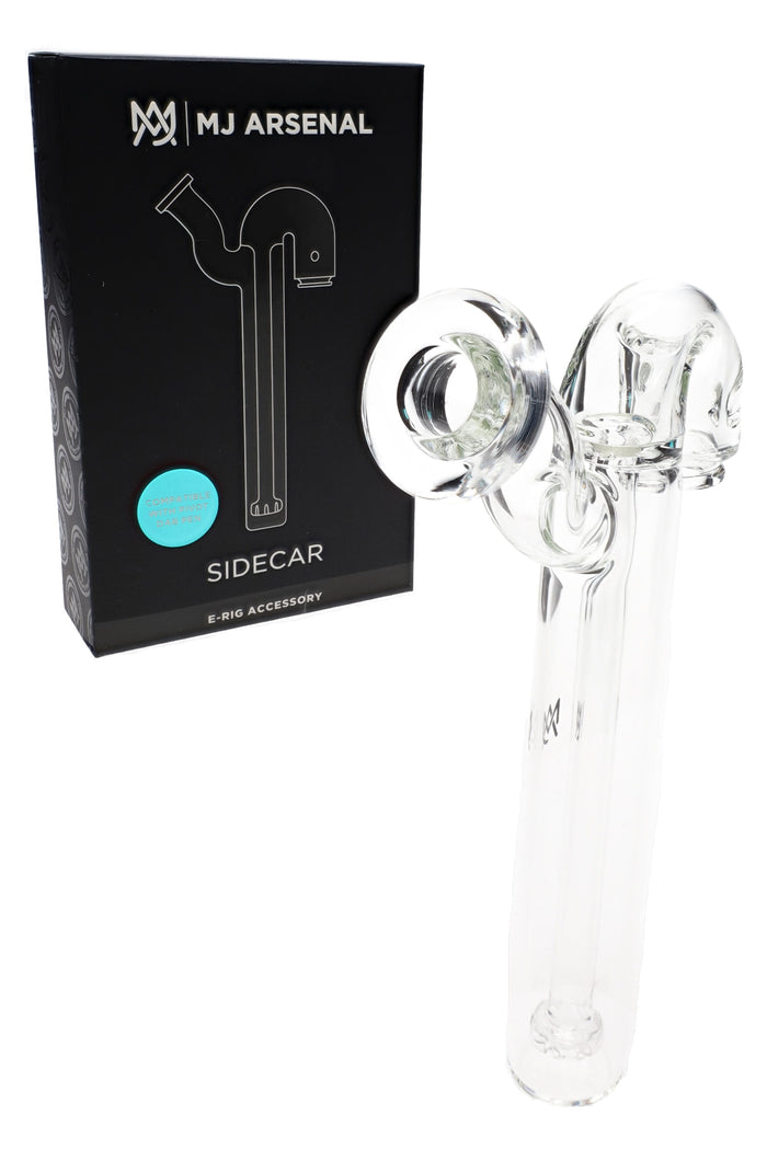 Sidecar Pivot attachment by MJ Arsenal beside retail box, transparent borosilicate body with offset mouthpiece for smoother concentrate pulls.