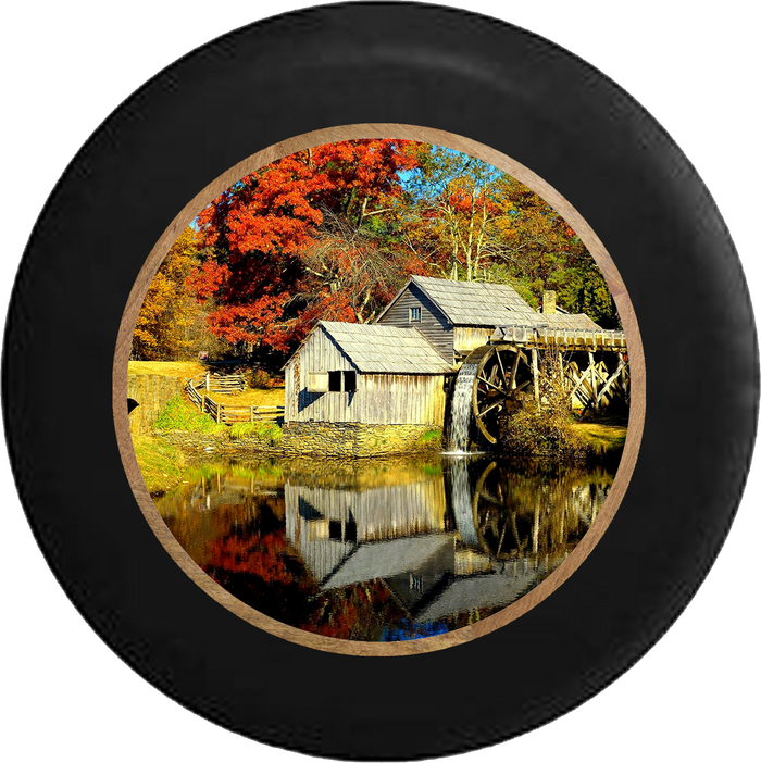 Old Mill Water Wheel in the Country Jeep Camper Spare Tire Cover BLACK-CUSTOM SIZE/COLOR/INK- R317 - TireCoverPro