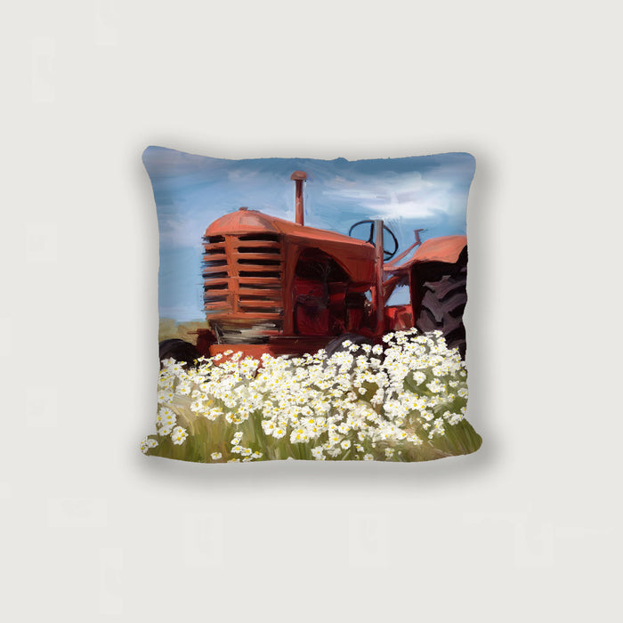 Old Tractor in a Daisy Field - Pillow