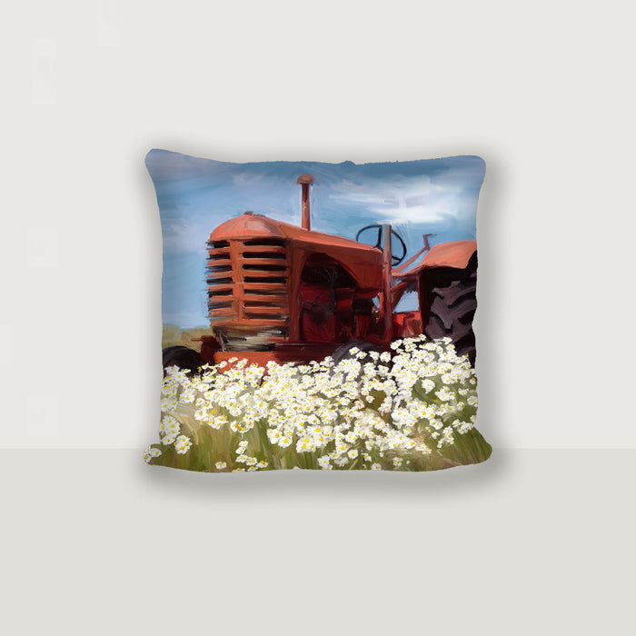 Old Tractor in a Daisy Field - Pillow