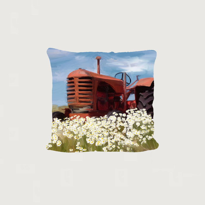 Old Tractor in a Daisy Field - Pillow