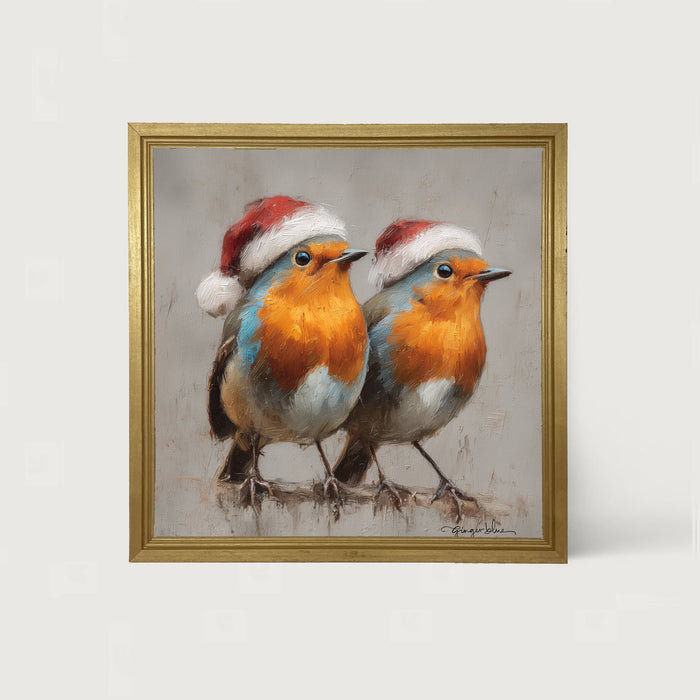 Orange-Breasted Birds in Santa Hats