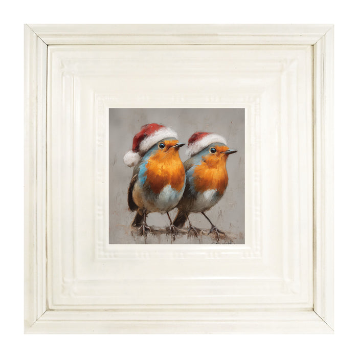 Orange-Breasted Birds in Santa Hats