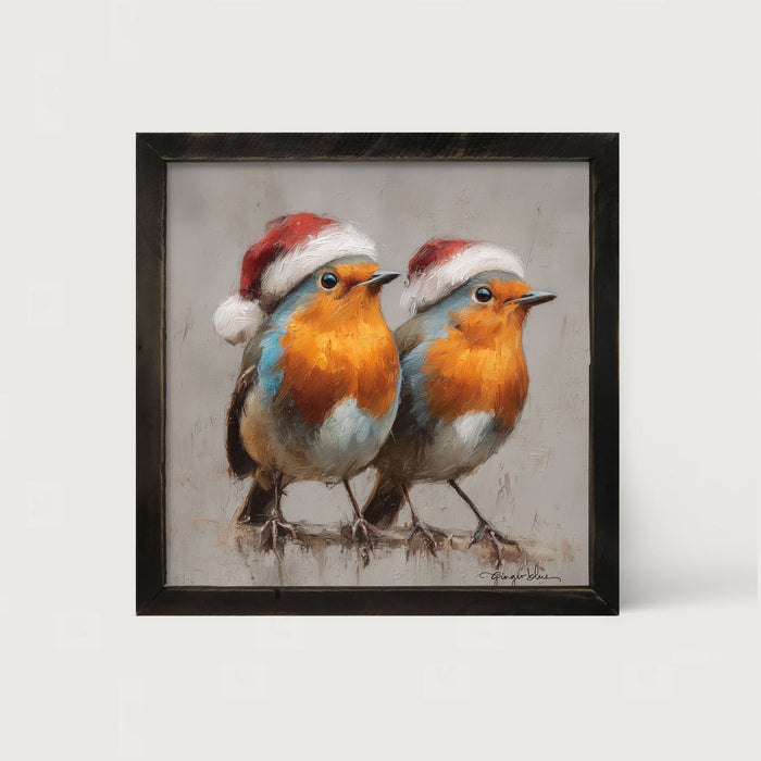 Orange-Breasted Birds in Santa Hats