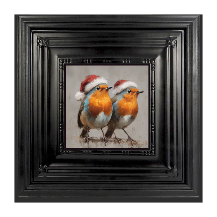 Orange-Breasted Birds in Santa Hats