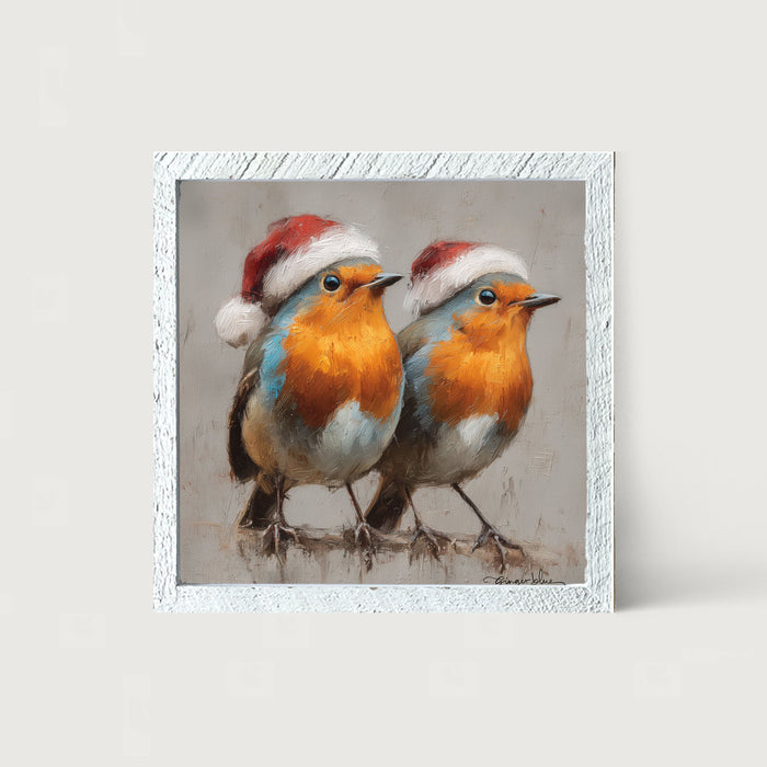Orange-Breasted Birds in Santa Hats