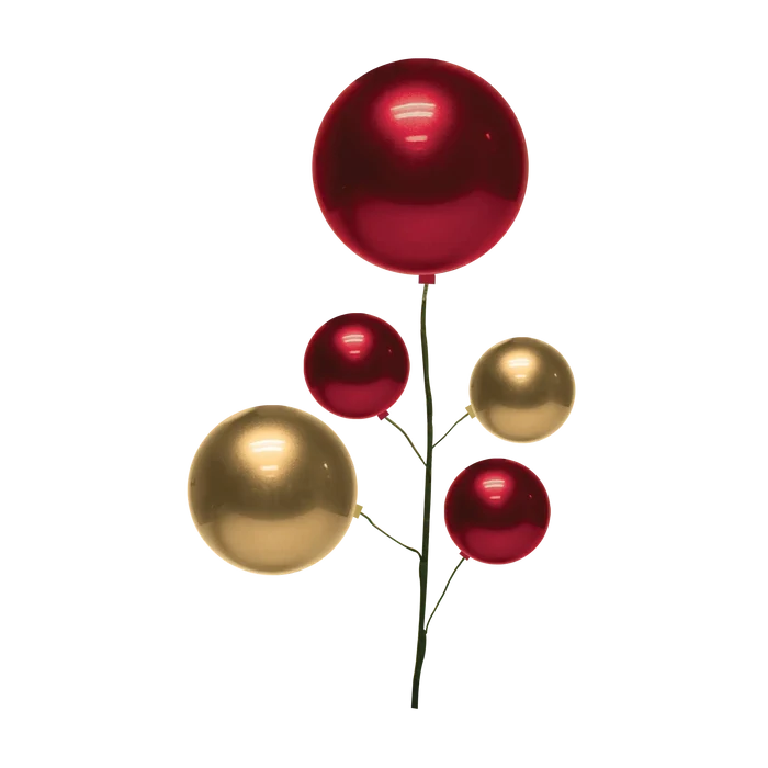 Red and gold ornament pick featuring five candy apple ornaments on branching stems.