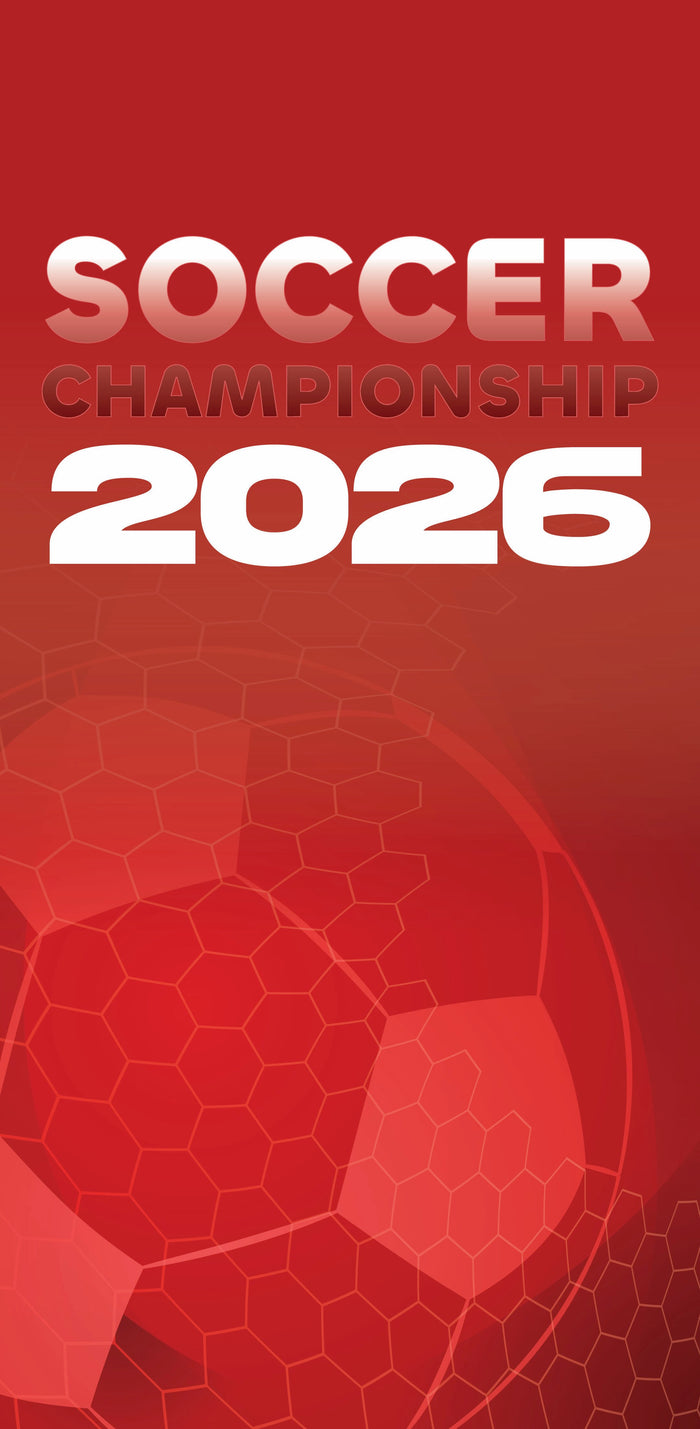 Promotional graphic for Soccer Championship 2026 with a red soccer ball and text on a red background