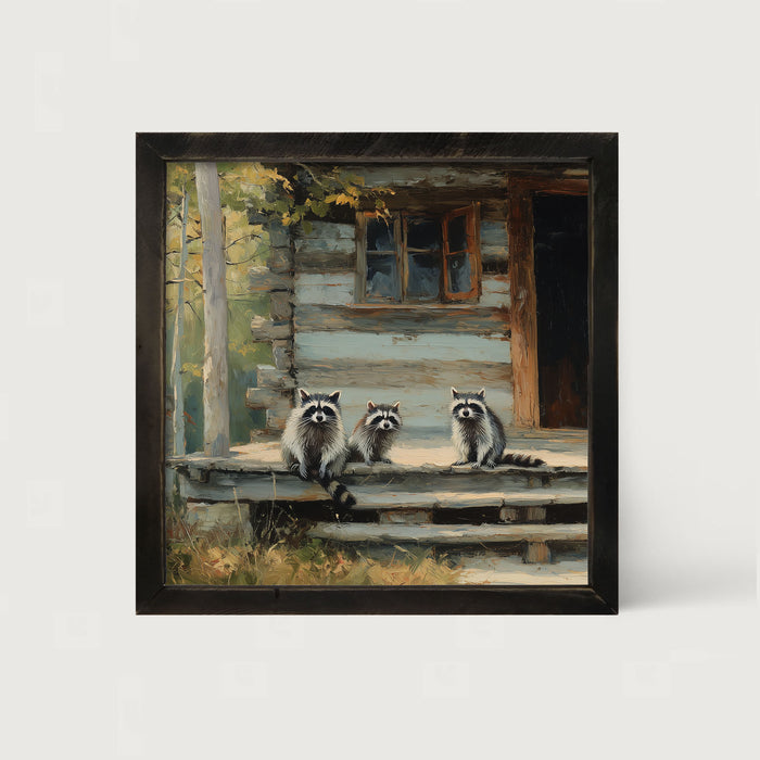 Raccoons on Cabin Porch - Framed Art