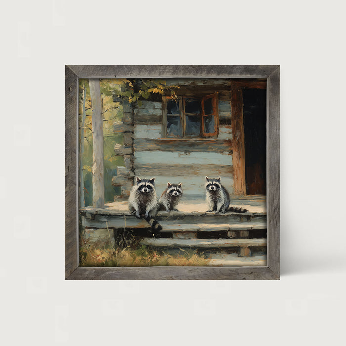 Raccoons on Cabin Porch - Framed Art