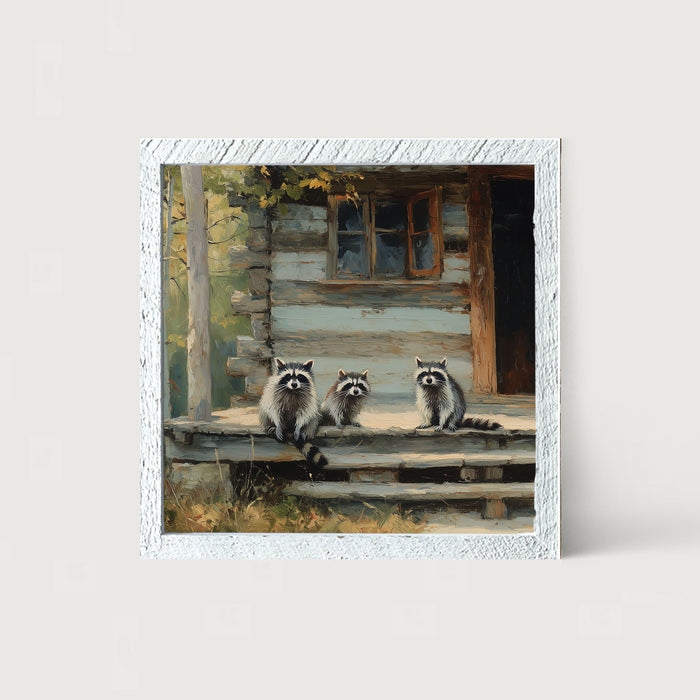 Raccoons on Cabin Porch - Framed Art