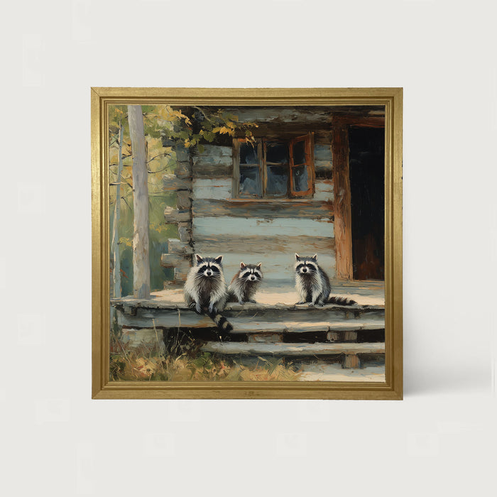 Raccoons on Cabin Porch - Framed Art