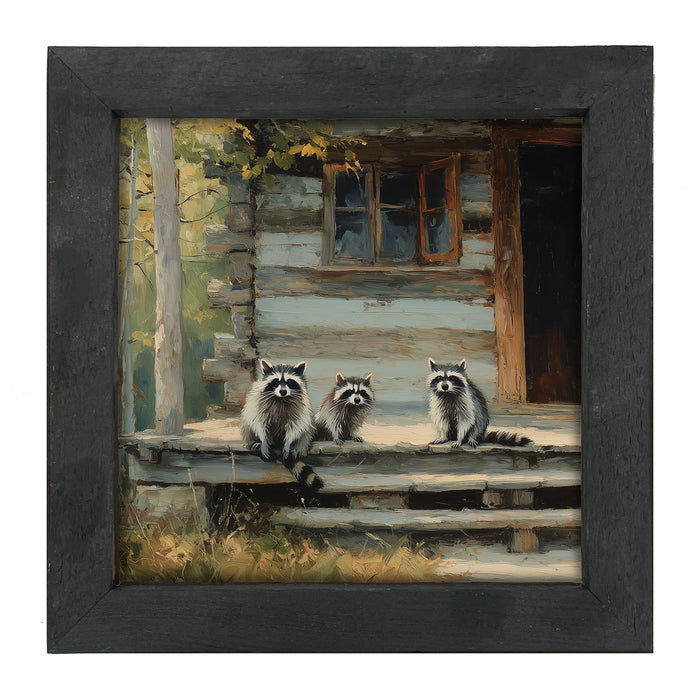 Raccoons on Cabin Porch - Framed Art
