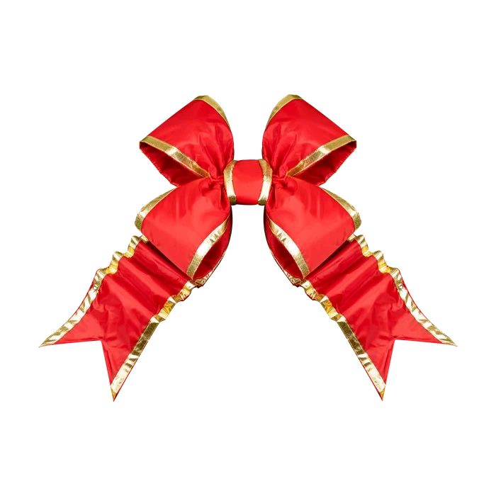 Red Structural Bow with Gold Trim featuring oversized loops, layered tails, and a bright satin finish.