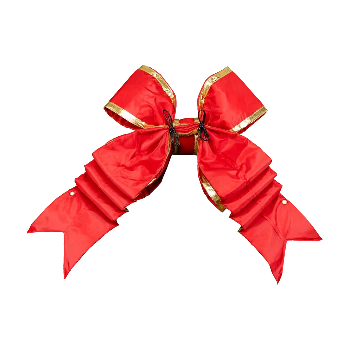 The back of a Red Structural Bow with Gold Trim featuring oversized loops, layered tails, and a bright satin finish.