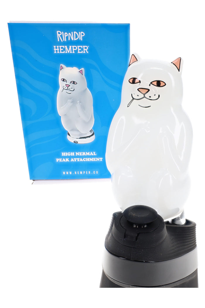 RIPNDIP x Hemper “High Nermal” Puffco Peak top on device with blue box, white cat character glass attachment