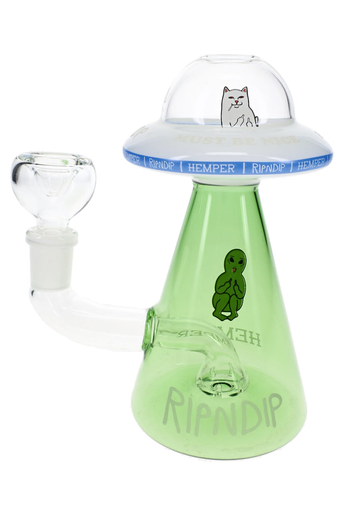 RIPNDIP x Hemper Lord Nermal UFO glass bong with green cone body, clear saucer top, and dry herb bowl