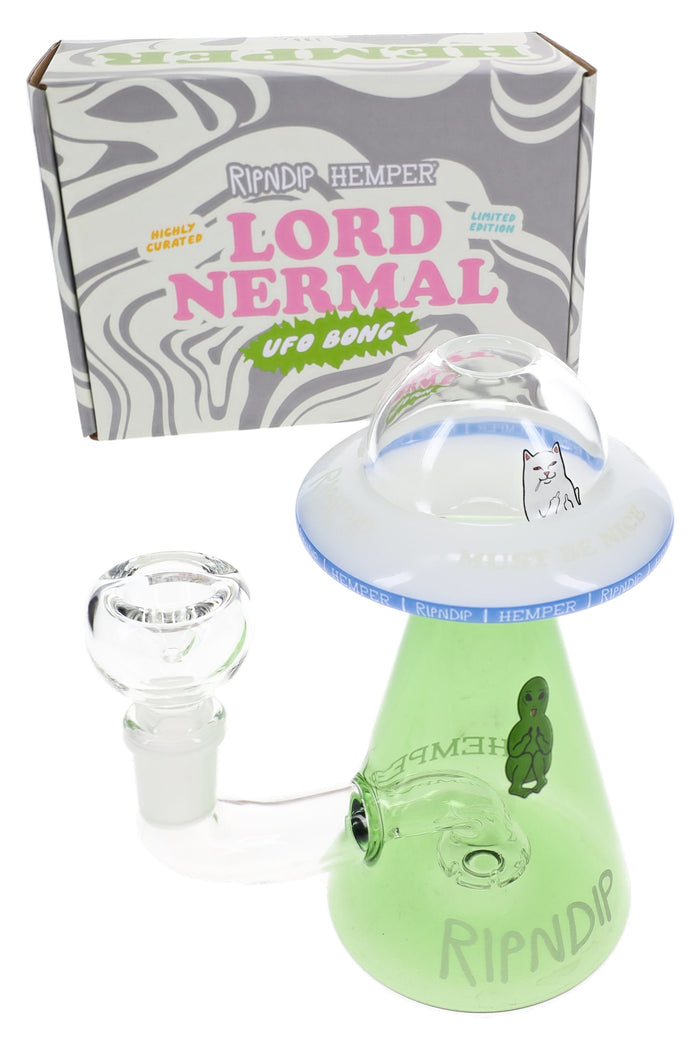 Boxed Lord Nermal UFO bong set with RIPNDIP x Hemper packaging, green cone chamber and clear saucer dome top