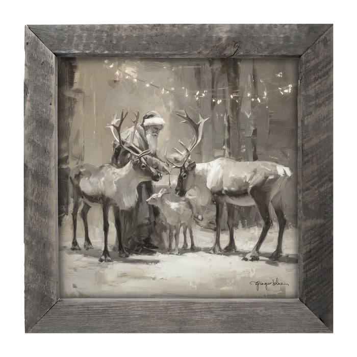 Santa and Reindeers under Christmas Lights - Framed Art