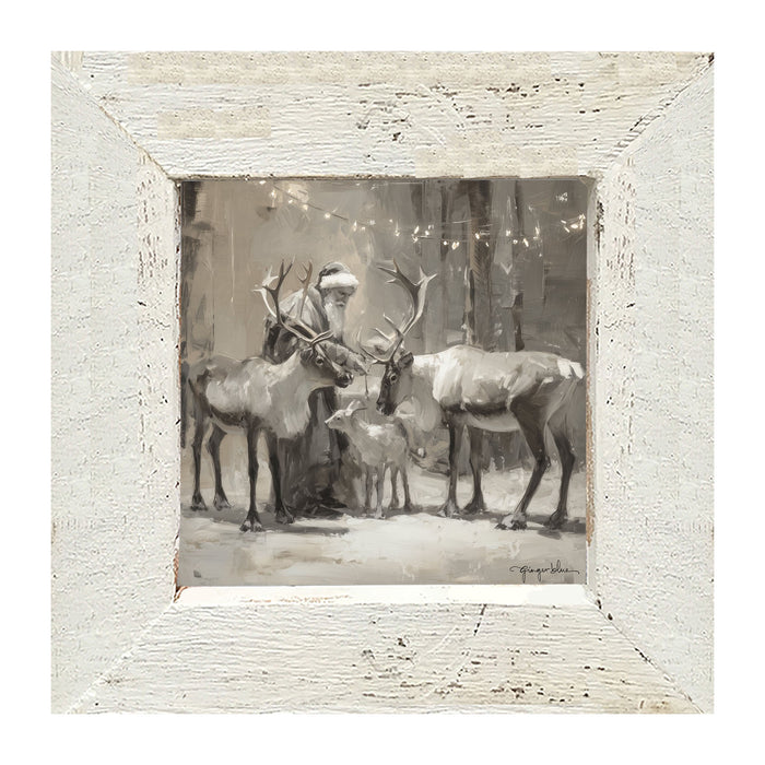 Santa and Reindeers under Christmas Lights - Framed Art