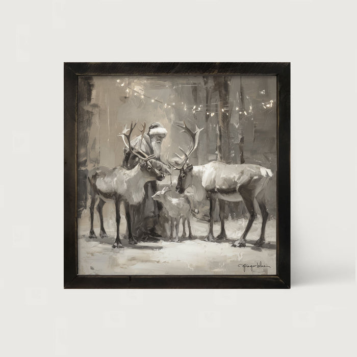 Santa and Reindeers under Christmas Lights - Framed Art