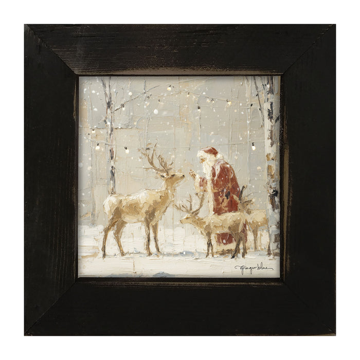Santa Visiting Reindeer under Lights - Framed Art