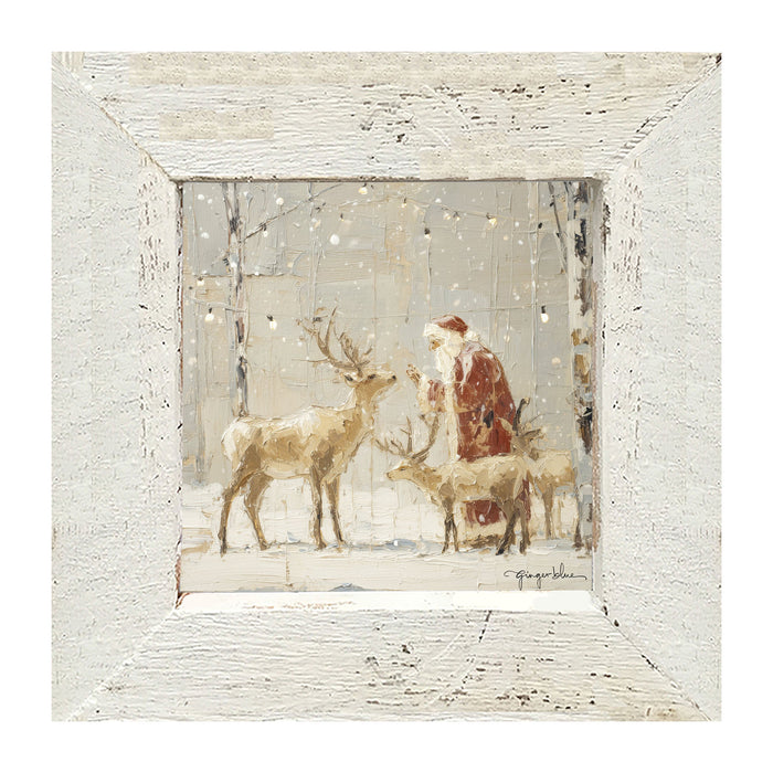 Santa Visiting Reindeer under Lights - Framed Art